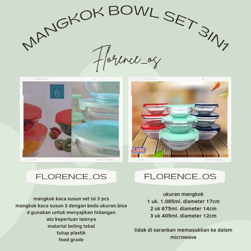 FLO - MANGKOK BOWL SET 3in1 MANGKOK KACA 3 PLUS TUTUP