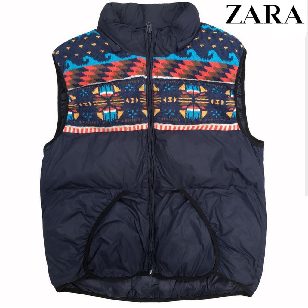 ROMPI ZARA MAN ORIGINAL PARKA HOODIE KNIT WOOL NAVY X NAVAJO PATTERN SYNTETIC LIGHT DOWN CASUAL VEST