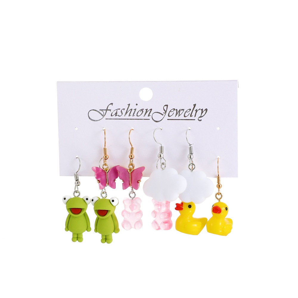 5pcs / Set Anting Desain Kartun Butterfly Frog Bebek Kuning Bahan Akrilik