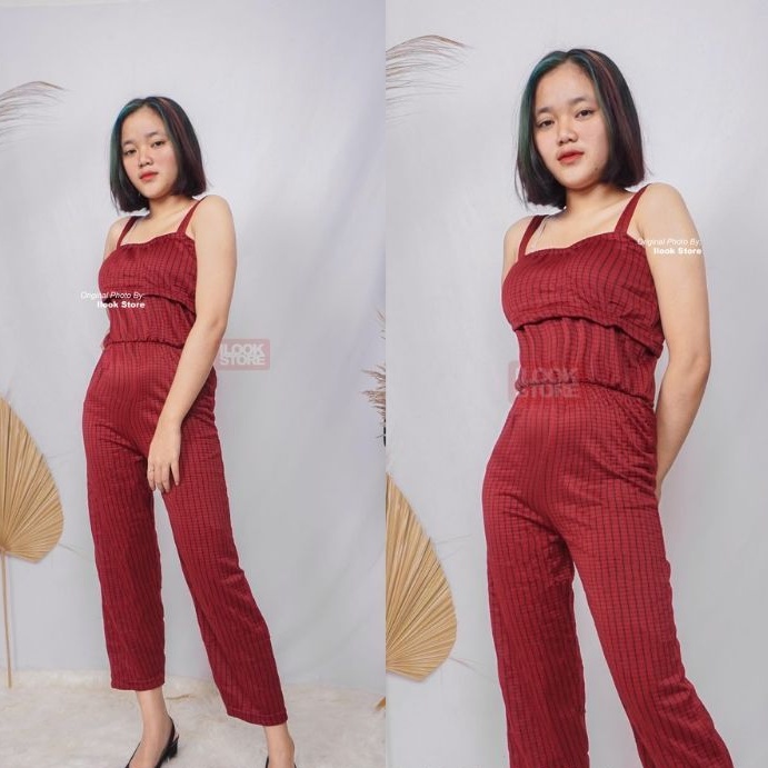 jumpsuit jola Salur pink putih maroon dada rempel garis horizontal