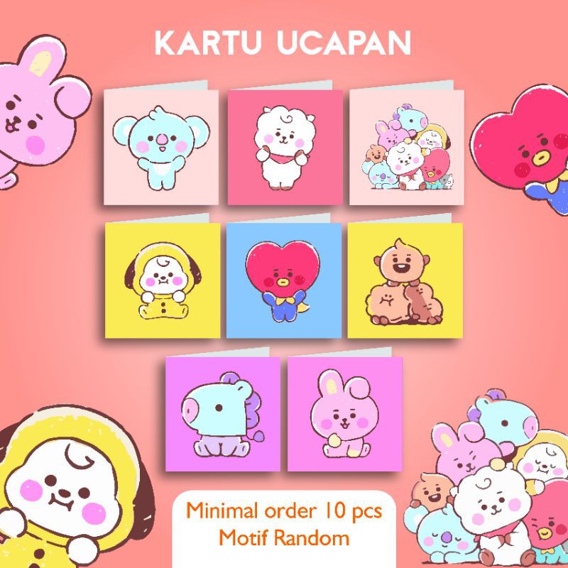 KARTU UCAPAN BT21 GREETING CARD MINIMAL 10 PCS GIFT CARD BTS CHIMMY COOKY TATA ULANG TAHUN BT21