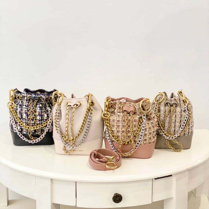 Tas Rajut Tali Rantai Wanita Import CK Dancer Chunky Chain Tweed Bucket Bag C1140