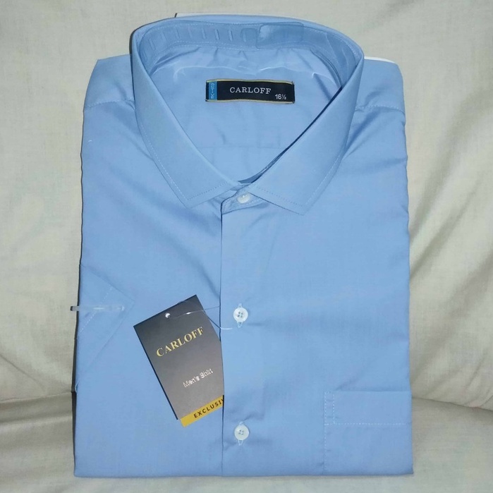 CARLOFF Pakaian Pria Hem Baju Kemeja Polos Lengan Pendek 3708PD Biru Muda