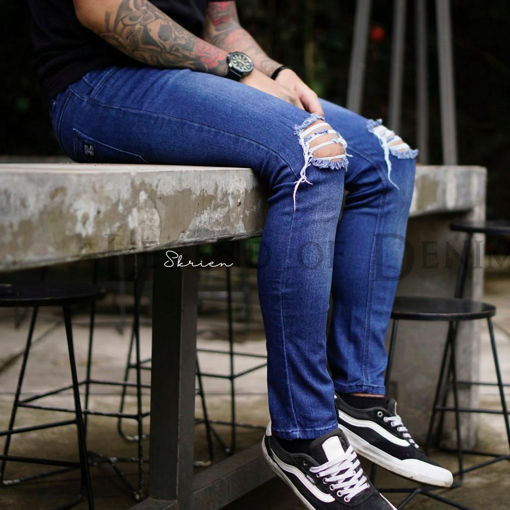 Celana jeans pria sobek lutut robek ripped destroy premium bioblitz bio blitz size 27-34 cut knee