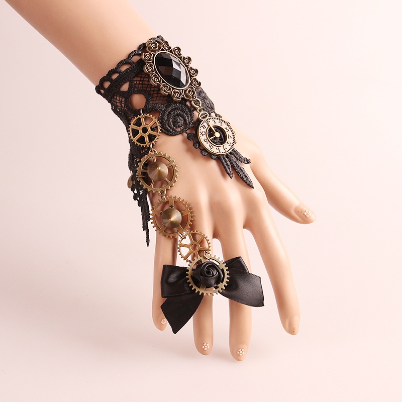 Gothic Steampunk Bracelet with Ribbon Chain Ring 8508