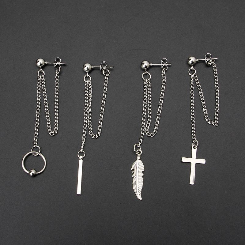 Moonlight&quot; Titanium Steel Korean Bangtang Boys Cross Leaf Pendant Double Chain Earring