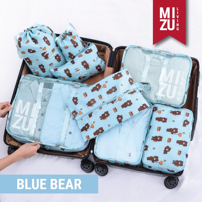 SECRET POUCH Travel Packing Cubes 8in1 Bag Organizer Tas Koper MOTIF-BLUE Bear