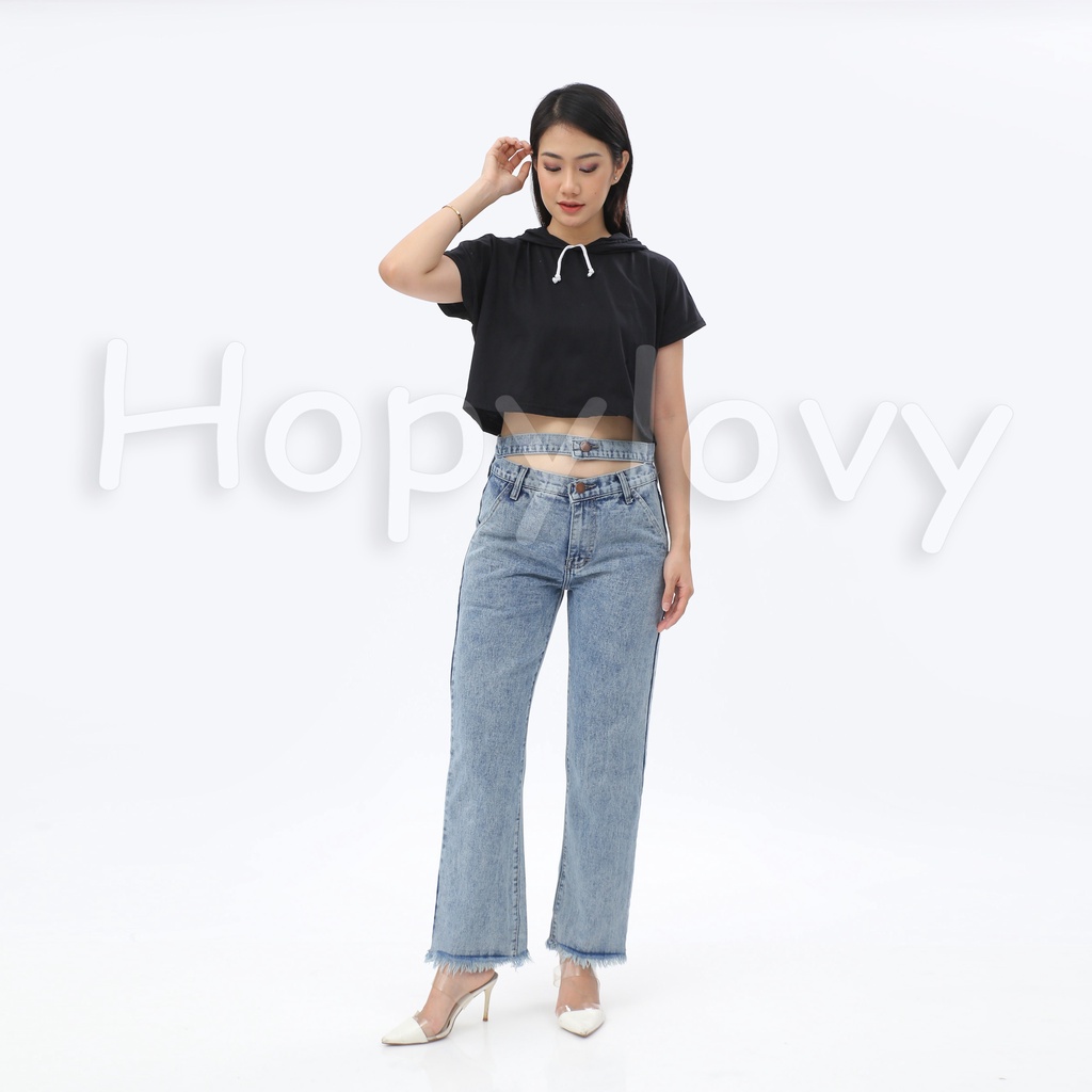 HOPYLOVY Celana Boyfriend Jeans Wanita Highwaist Jeans Rawis Double Button Gista