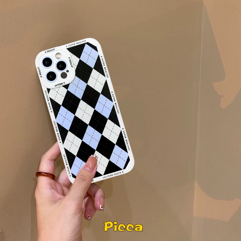 IPHONE Casing Ponsel Pola Grid Berlian Biru Klasik Kompatibel Untuk Iphone11 14 12 13 Pro Max7 6 6s 8plus XS Max X XR Se2020 14 Pro Max Kamera Tahan Guncangan Dilindungi Lembut TPU Cover