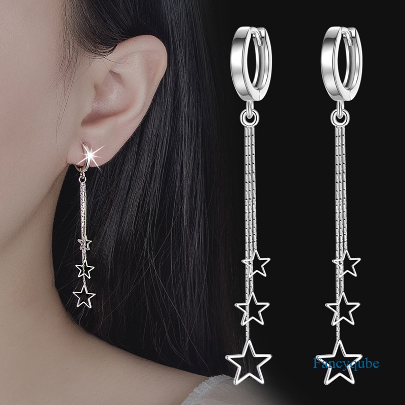 Anting Rumbai Panjang Bentuk Bintang Model Hollow Tiga Tingkat Warna Silver Untuk Wanita