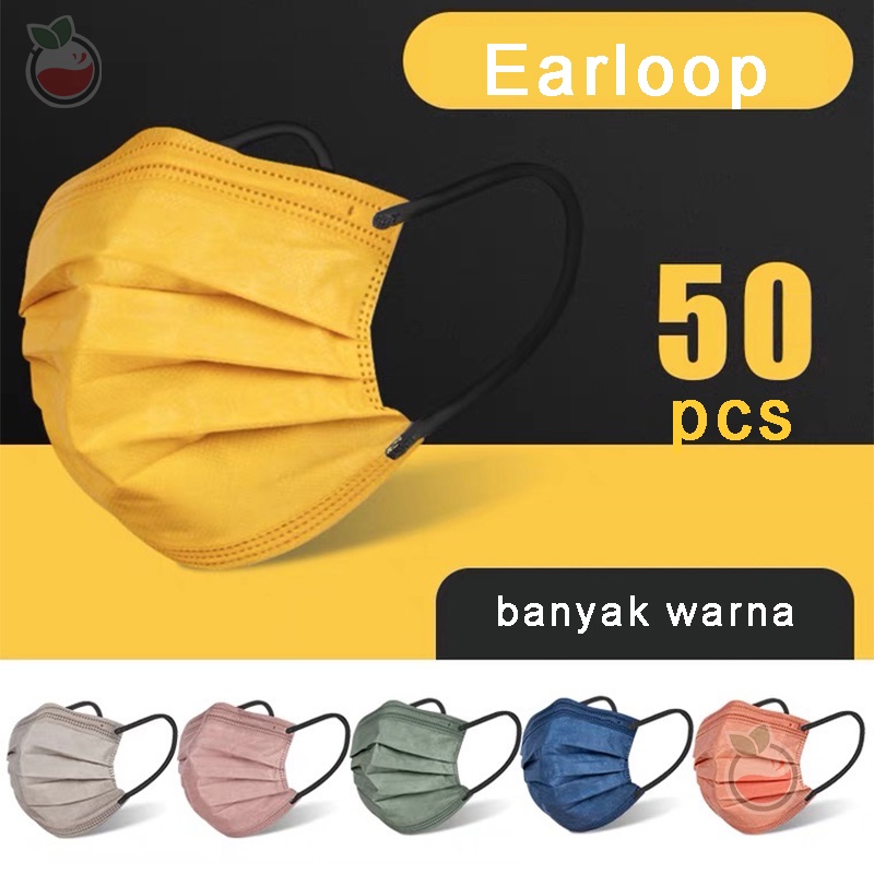 Masker Earloop 3 Ply isi 50 Pcs Murah Warna Pink Biru Hijau Hitam