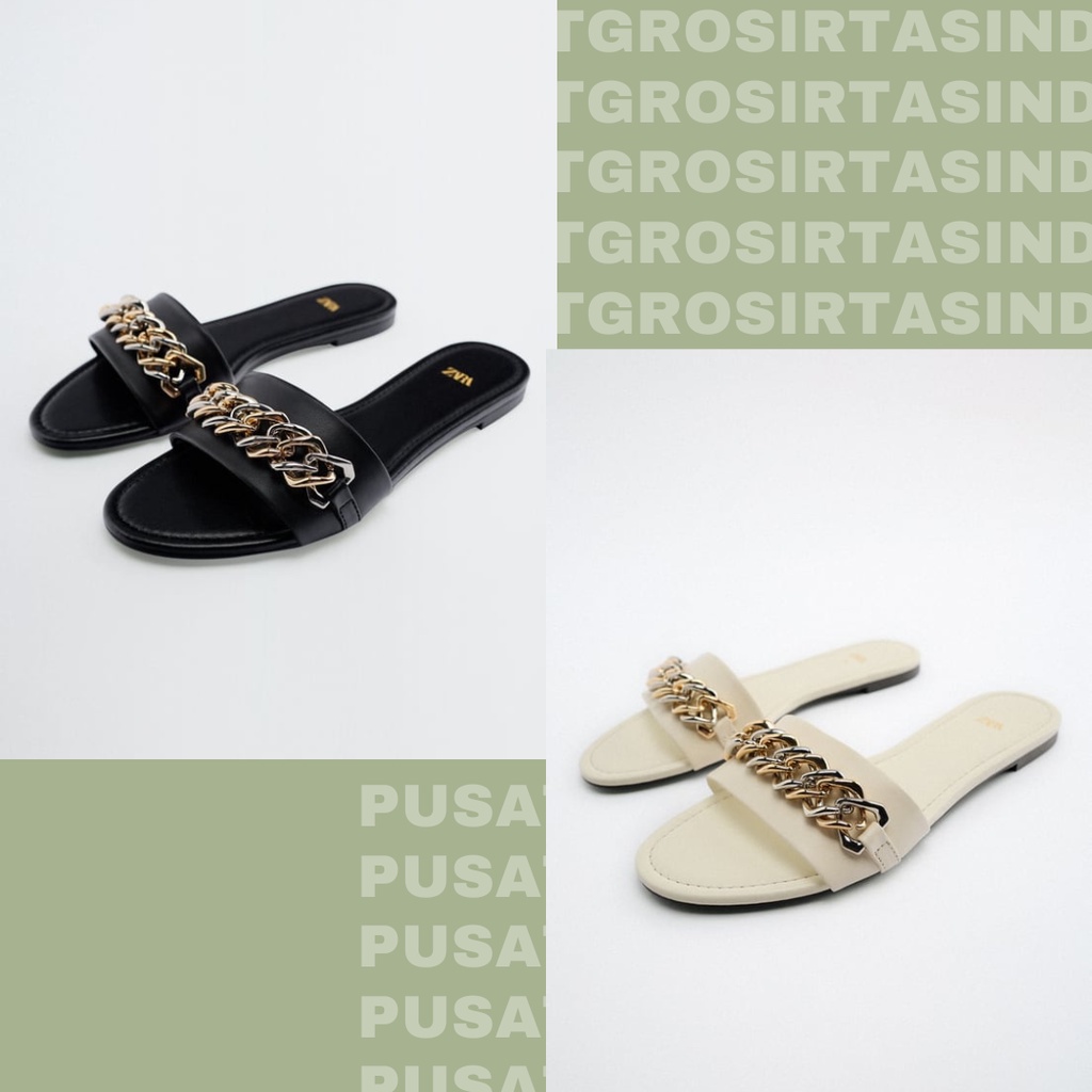 SANDAL WANITA ZS-3625 FLAT LEATHER SLIDER SANDALS WITH CHAIN