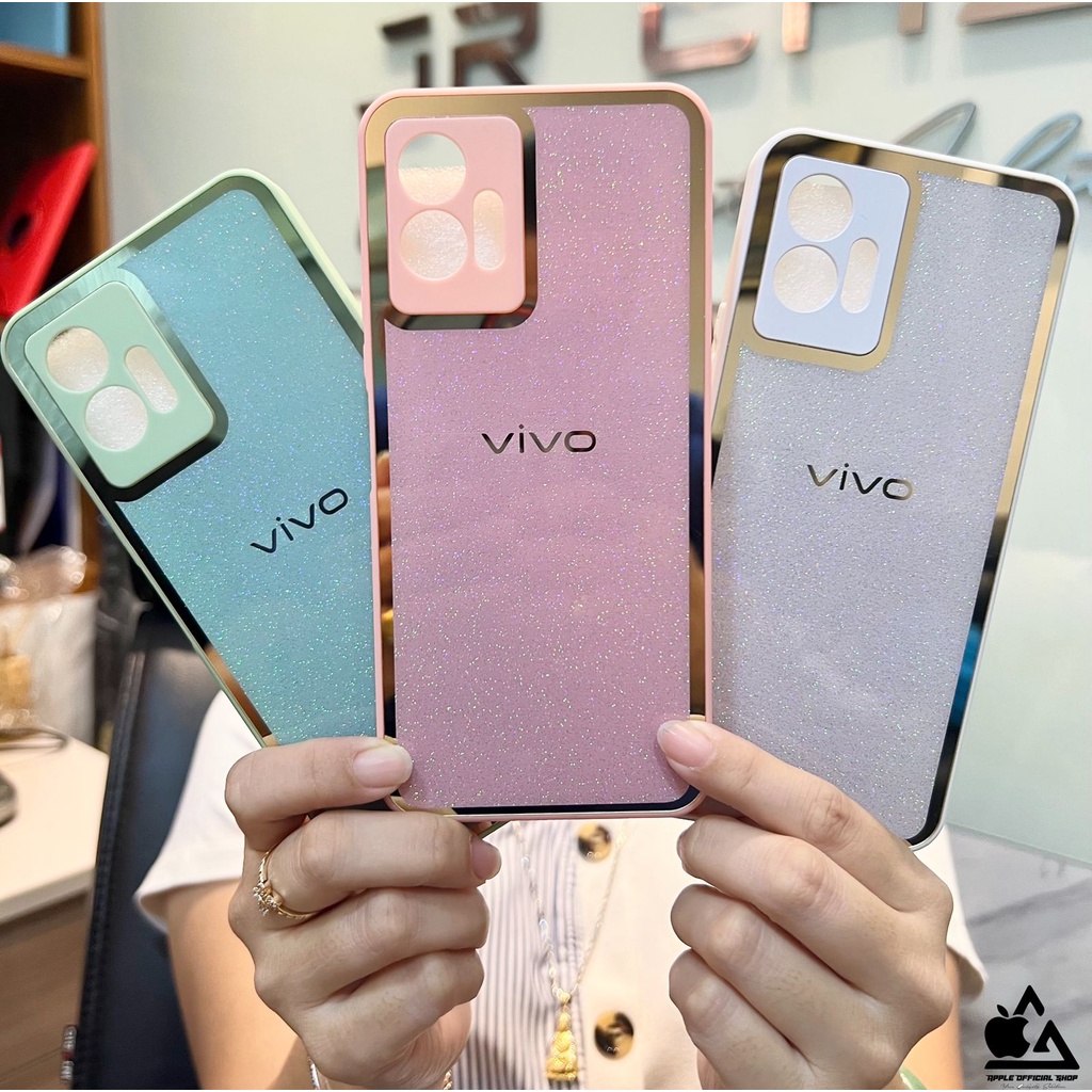 Glass Case Candy Gliter List Chrome VIVO Y12 Y15 Y17 Y12S Y20 Y20i Y20S Y21 Y21S Y21A Y33S Y33T Y15S Y01 Y75 5G T1 5G TEMPERED GLASS CASE List Gold SOFTCASE SILIKON CANDY MEWAH