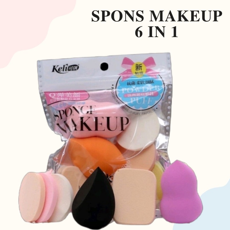 Spons Make Up Set 6 IN 1 Beauty Blender Sponge Bedak Isi 6 Pcs Powder Puff Foundation Makeup Puff Wajah Kemasan Plastik Import Murah