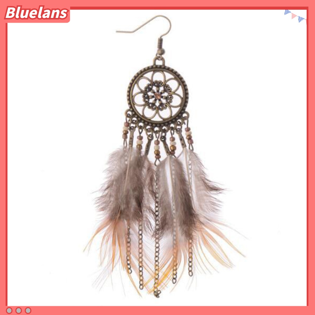 Anting Kait Rumbai Panjang Desain Dream Catcher Aksen Bulu Untuk Wanita