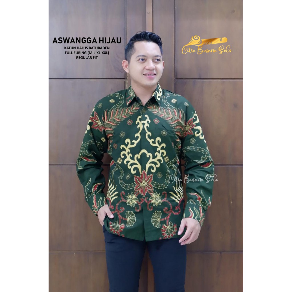 ASWANGGA HIJAU Kemeja Batik Pria Full Furing Bahan Katun Halus Baturaden