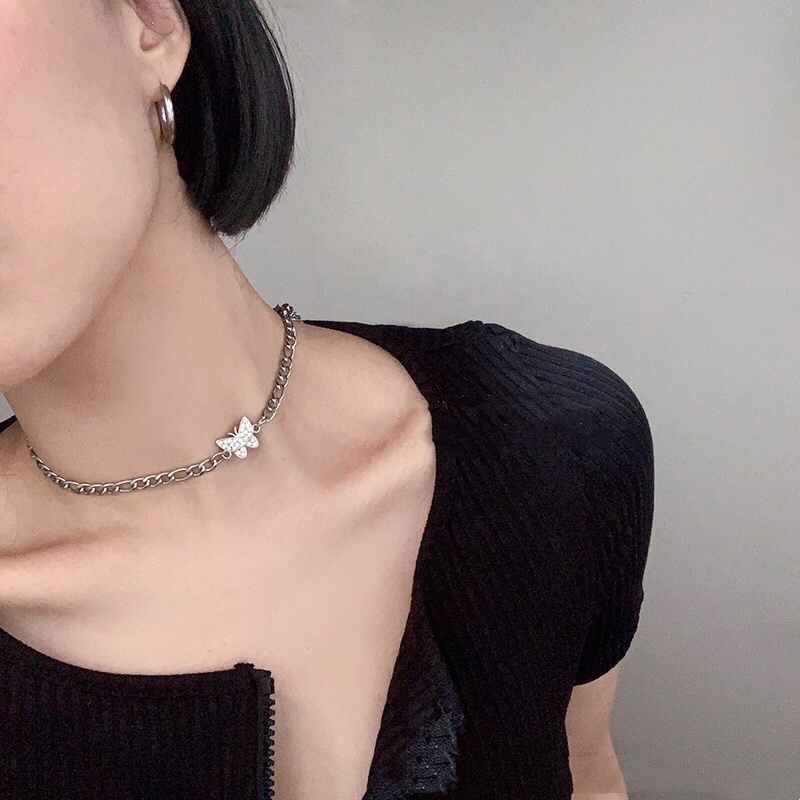 Kalung Choker,Rantai Silver Tebal Desain Kupu-Kupu,Hias Berlian ,Gaya Retro Korea,Untuk Wanita