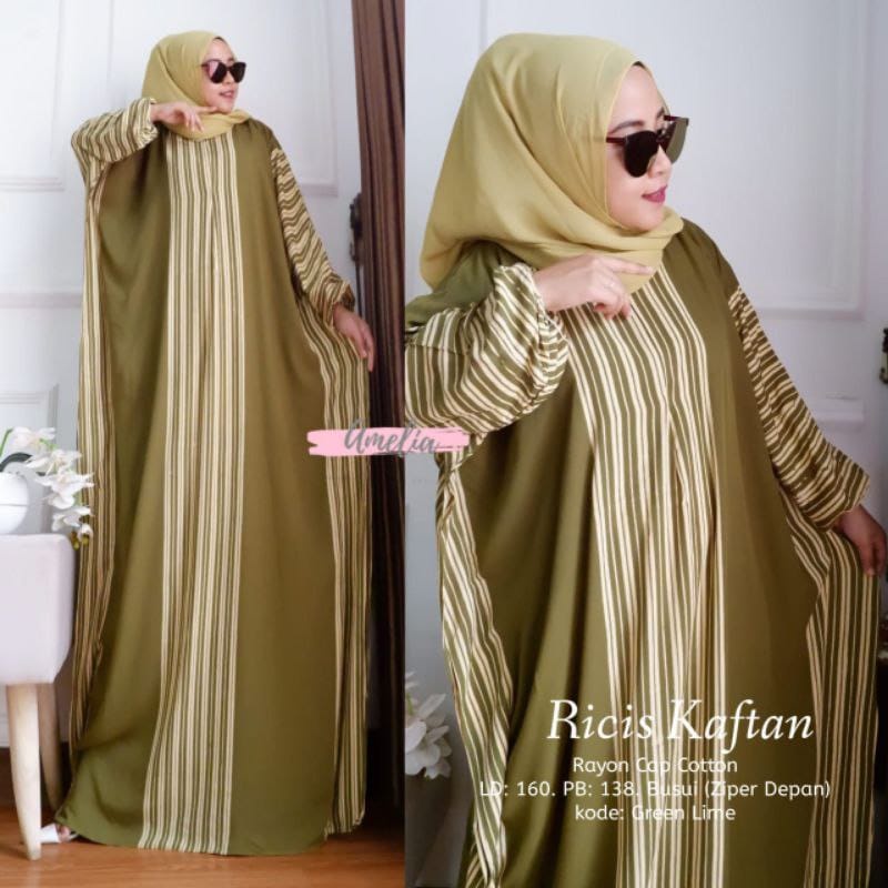 Ricis Kaftan - Kaftan Wanita Jumbo XXXL Busui Resleting Lengan Panjang Motif Garis Lurik / Gamis Kaftan