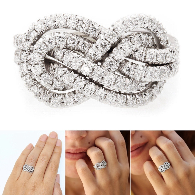 Cincin Bentuk Twist Bahan Cubic Zirconia Warna Silver Untuk Wanita