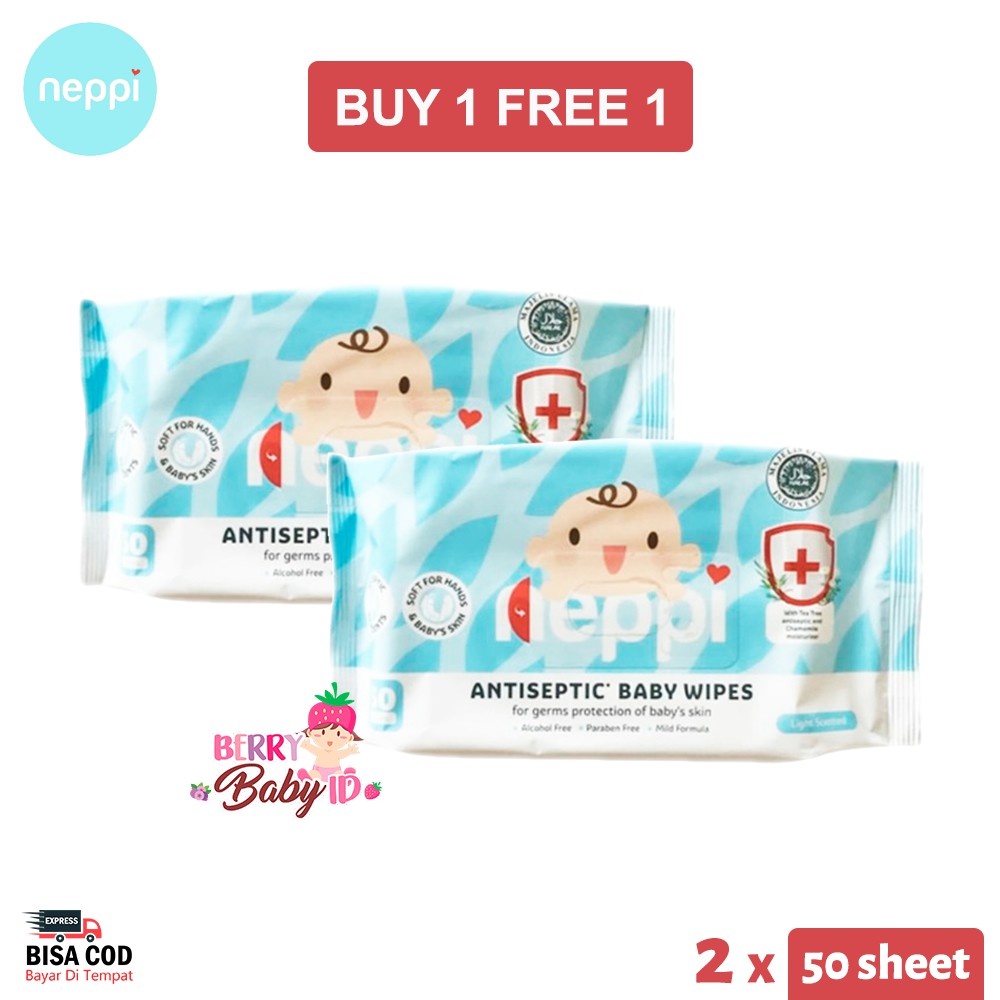 Neppi BUY 1 FREE 1 Antiseptic Baby Wipes Tisu Basah Antiseptik Anti Bakteri Non Perfume 50 Sheets Berry Mart