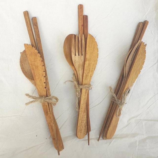 Wooden Cutlery Set sendok garpu bahan kayu mahoni | Shopee Indonesia