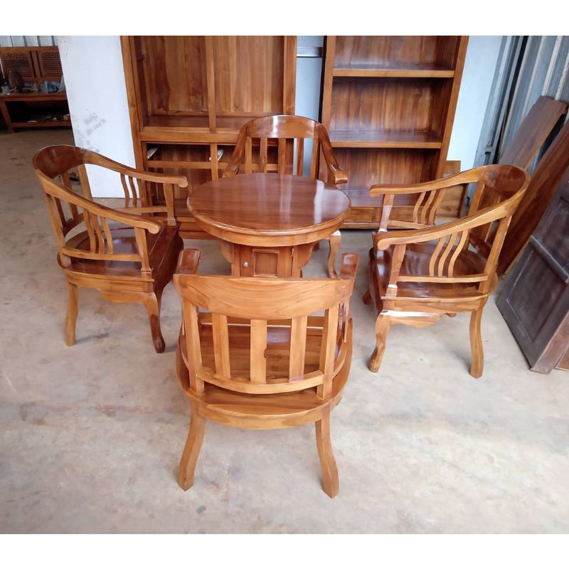 Kursi Teras set 4 Kursi 1 Meja Bulat Kayu Jati Minimalis Jepara