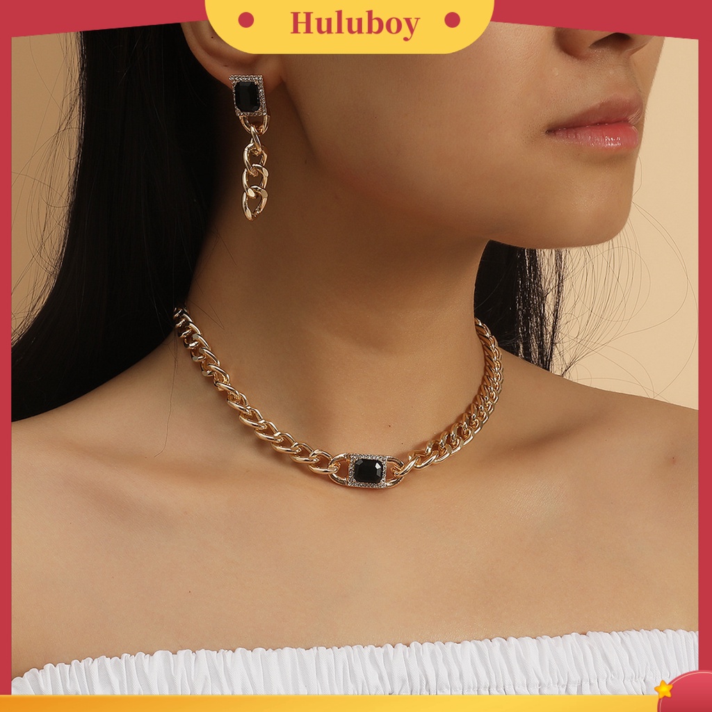 Hu Hu Hu Hu Hu Alat Bantu Pasang Kacamata♡ 2pcs / Set Kalung Rantai + Anting Gantung Panjang Tusuk Gaya Hip Hop Motif Geometri Aksen Batu Permata Imitasi Untuk Wanita