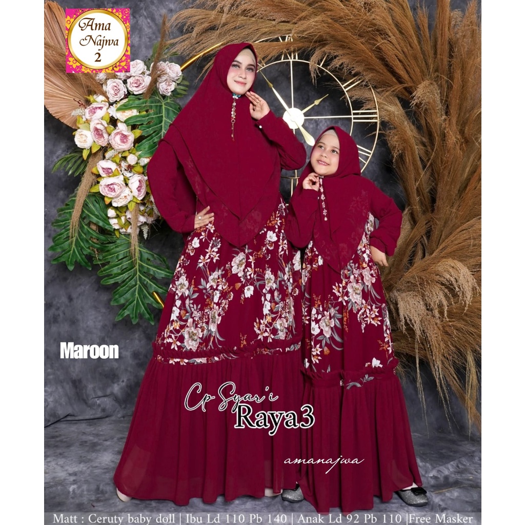 RADHIYA STORE Gamis Couple Ibu dan Anak Perempuan Bahan Ceruti Full Motif Terbaru Lebaran 2022