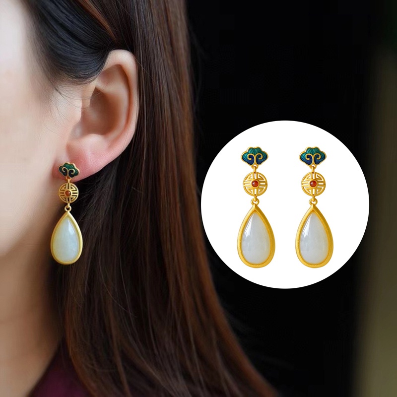 Anting Gantung Sterling Silver Dengan Batu Giok Hetian Untuk Wanita