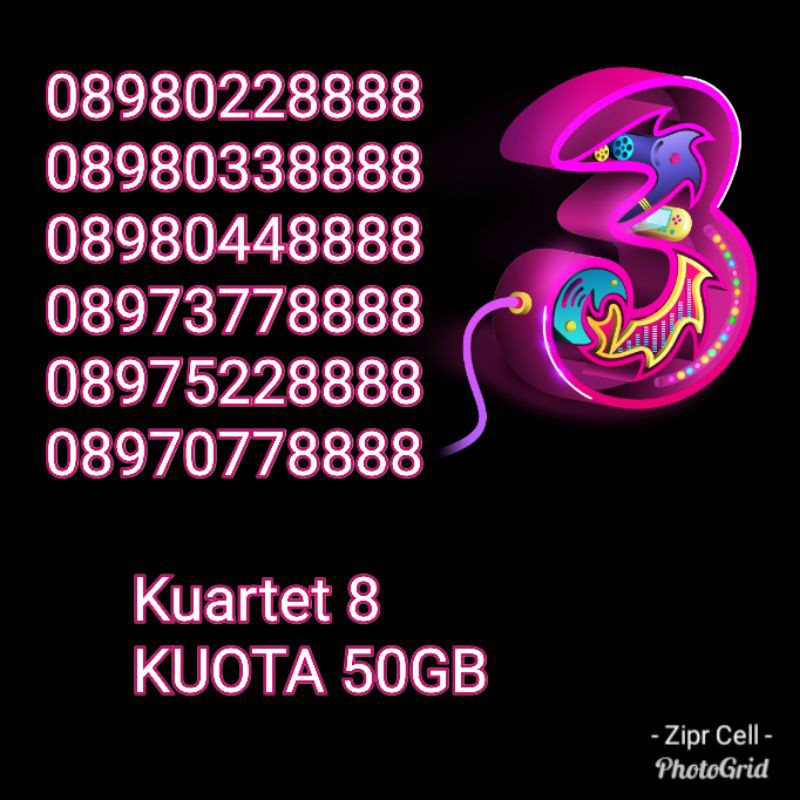 NOCAN Nomor Cantik Kuartet KW 8 Kartu Perdana Simcard Tri Three 3 4G LTE Kuota 50 GB