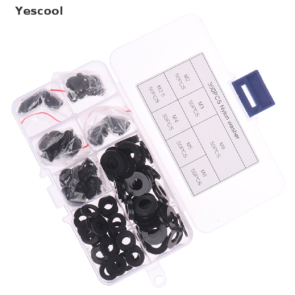 Yescool 350Pcs Ring washer M2 / M2.5 / M3 / M4 / M5 / M6 / M8 Bahan Nilon Warna Hitam