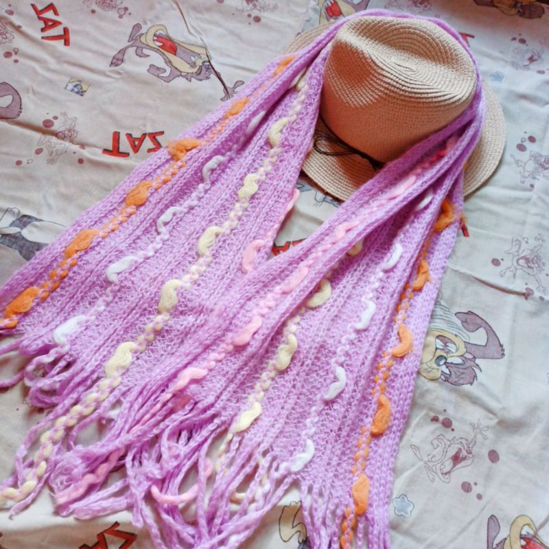 Syal Rajut Pink Ungu Pastel/ Syal murah, Aksen rumbai
