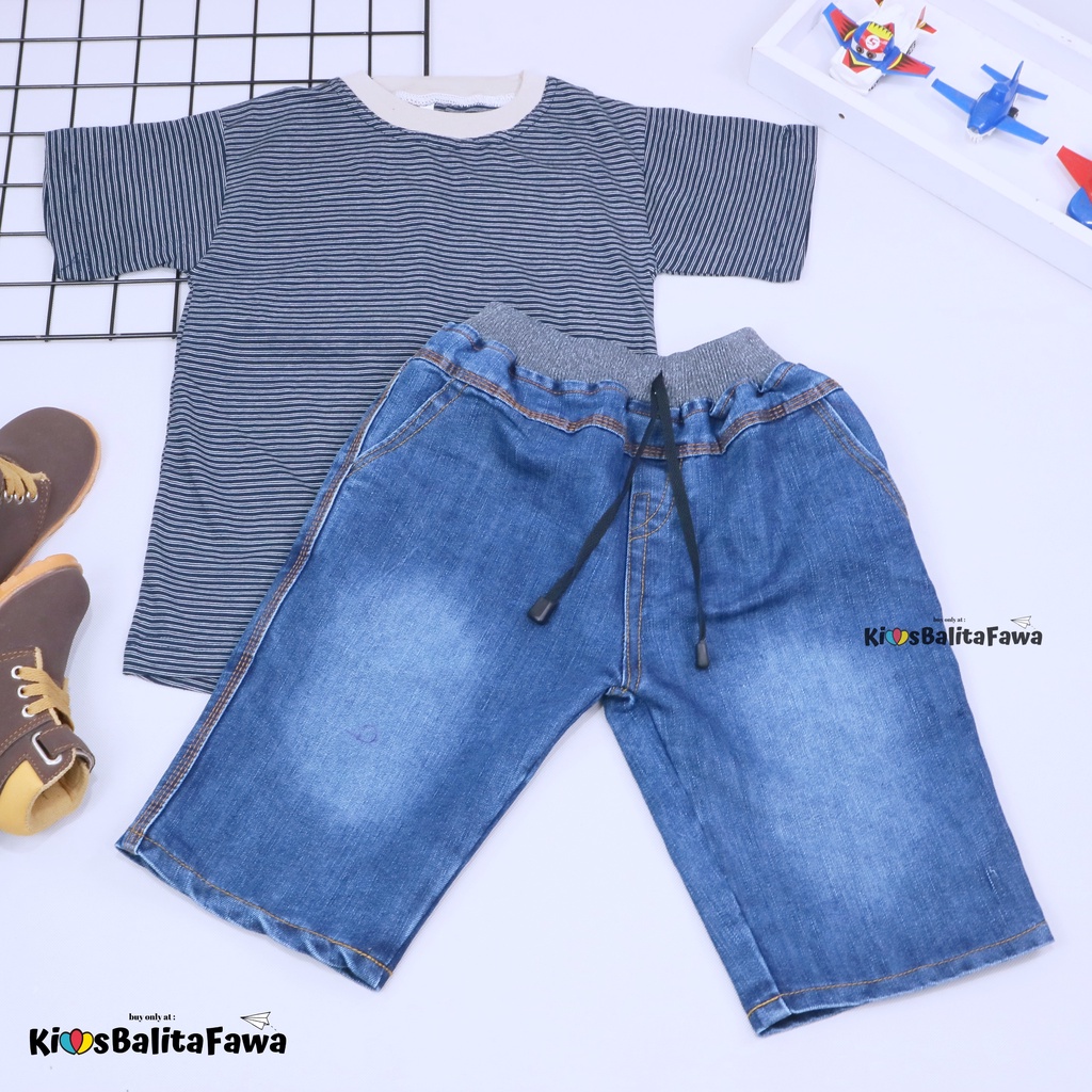 Setelan Salur Jeans uk 5-6 Tahun / Kaos Anak Cowok Celana Jeans Pendek Baju Anak Cowo Murah Pakaian