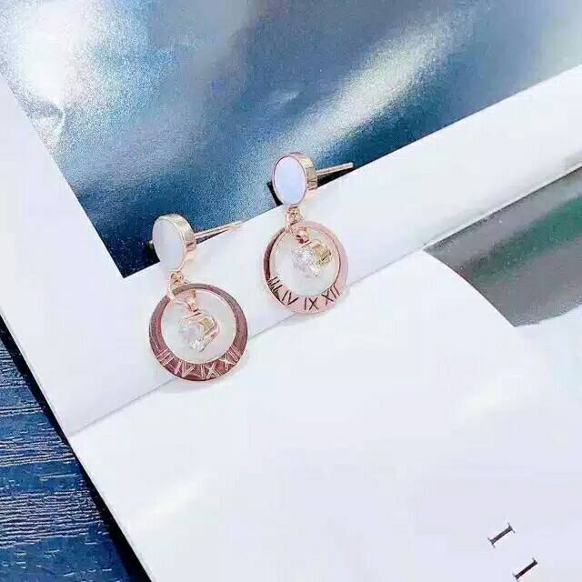 GG Anting Tusuk Titanium Premium Lapis Emas 18k aksen Berlian Angka Romawi#AT-175