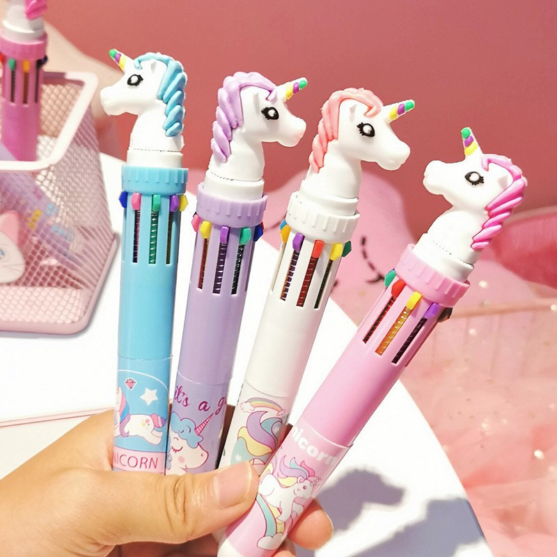 10 in 1 Pen Ballpoint Desain Kepala Unicorn Lucu, Beraneka Macam Warna