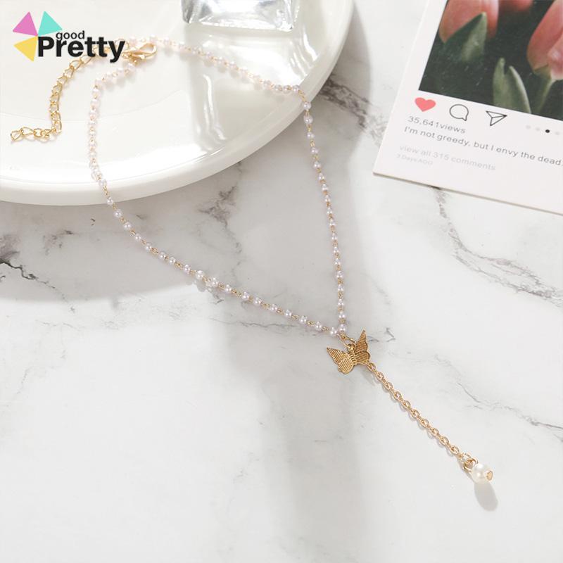 Retro Butterfly Pearl Kalung Lembut Gadis Kecil Cinta Liontin Kalung Rantai Klavikula - PD