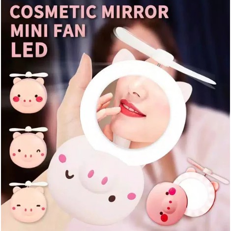 Kipas angin Cermin kaca LED Lampu portable make up baby friends piggy cosmetic mirror mini fan