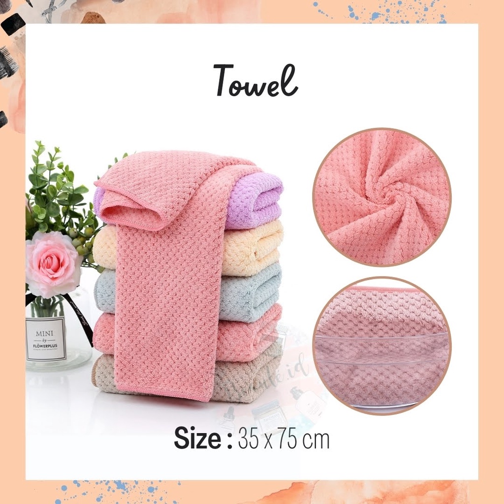 Handuk Medium Ukuran 35 x 75 cm Bahan Lembut di Badan Quick Dry Mudah Menyerap Cepat Kering Handuk Keramas Tangan Cuci Muka / Wajah / Rambut Lap Keringat Serbaguna Bahan Berkualitas Jahitan Rapi Handuk Mandi Kecil Travel Towel Sovenier Hadiah