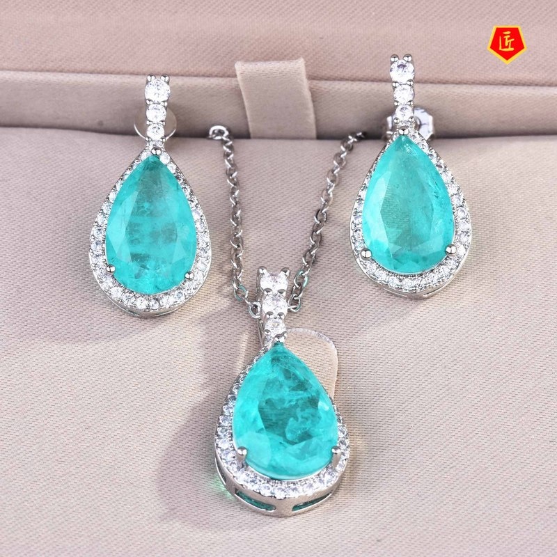 [Ready Stock]Luxury Colored Gems Necklace Set Elegant Ear Studs