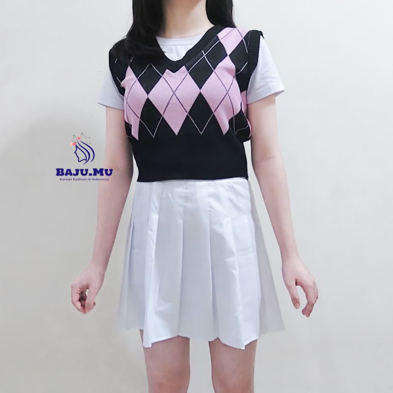 CROP KNIT VEST ROMPI  PREMIUM ARGYLE KOREA -Brianna Vest