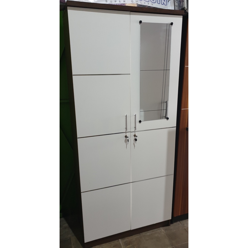 Lemari pakaian putih coklat minimalis / Lemari baju putih kombinasi / Lemari pakaian putih kayu
