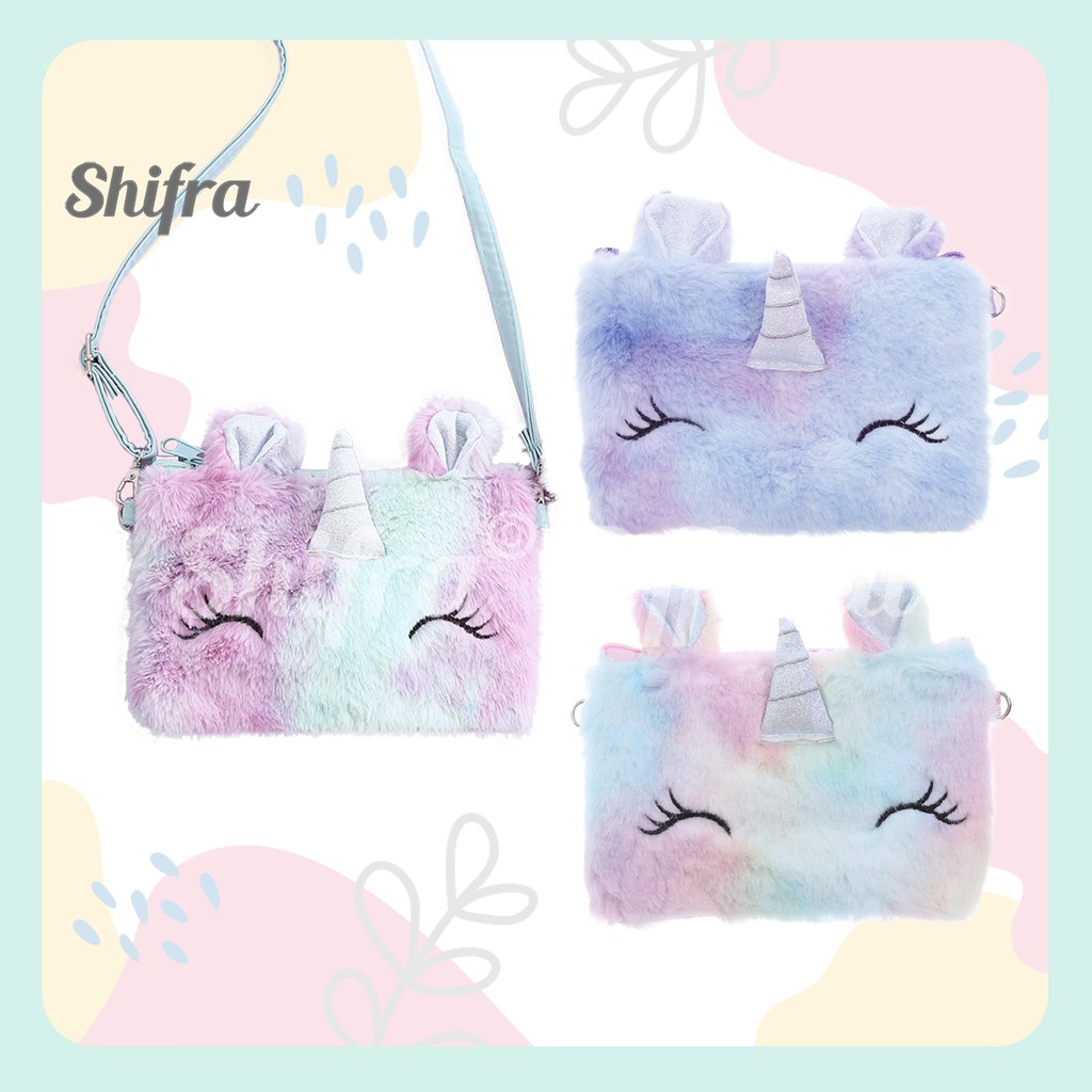 Shifra Tas Selempang Wanita Remaja Unicorn Bulu Green Purple Rainbow Colorful