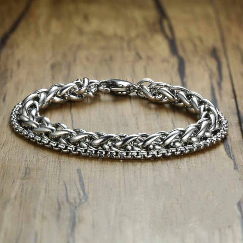 GELANG RANTAI DOUBLE WHEAT &amp; ROLLO CHAIN PRIA WANITA STAINLEES STEEL BAJA PUTIH