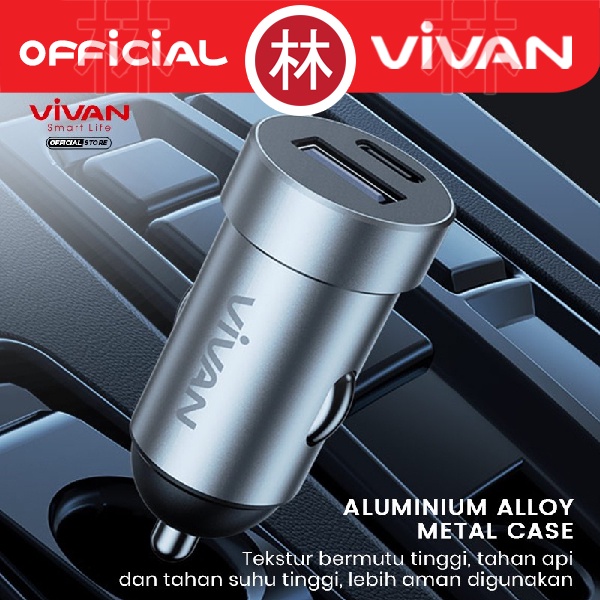 VIVAN VCC02 Car Charger Casan Mobil 2 Port USB-A USB-C 20W 3A QC3.0 PD