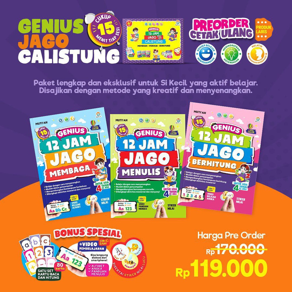 Genius 12 Jam Jago Menulis, Membaca, dan Berhitung - Buku belajar Baca Tulis
