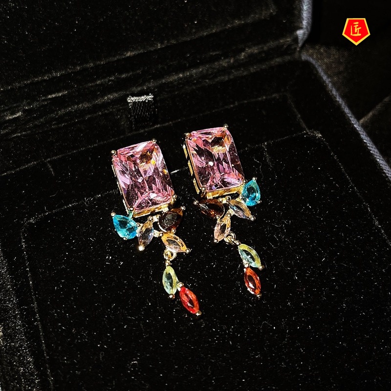 [Ready Stock]Noble Irregular Color Square Diamond Earrings