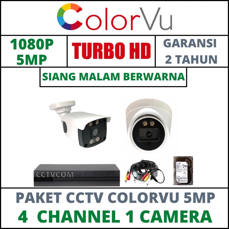 PAKET CCTV COLORVU -SIANG MALAM BERWARNA 4 CHANNEL 1 CAMERA 5MP IC SONY 1080P KOMPLIT TINGGAL PASANG