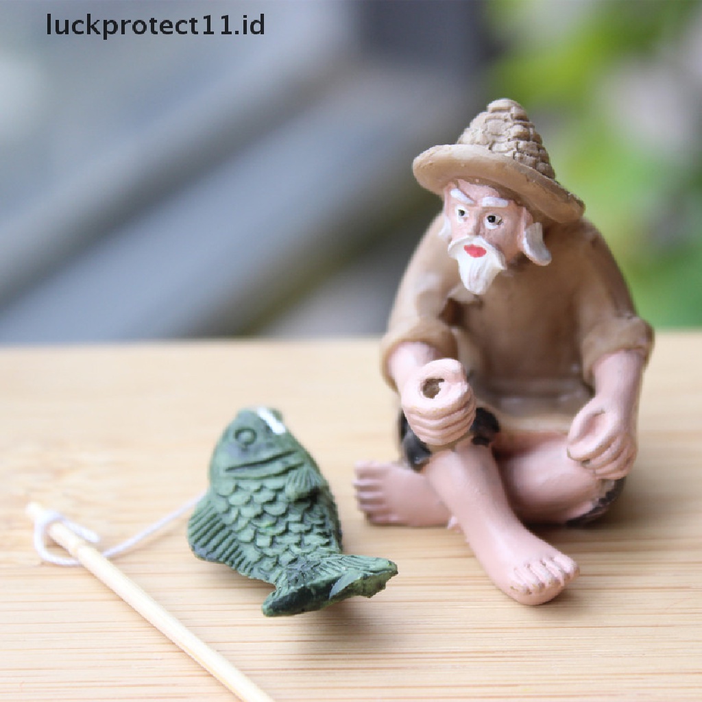 //HG&amp;ID// Fishing Old Man Resin Figure Statue Garden Ornament Micro-Landscape Garden Craft .