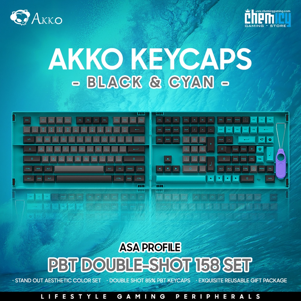 Akko Black &amp; Cyan PBT Double-shot Keycaps 197 Set ASA Profile