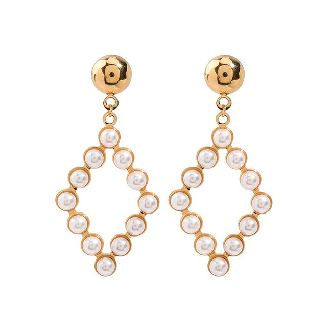 LRC Anting Tusuk Fashion Golden Large Diamond Alloy Earrings With Pearl Geometry K10059
